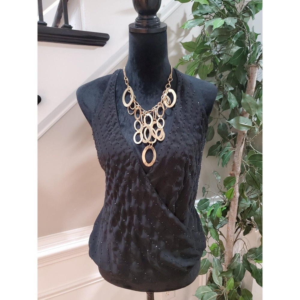 Guess Women's Black Beaded Polyester V-Neck Sleeveless Casual Top Blouse Size L